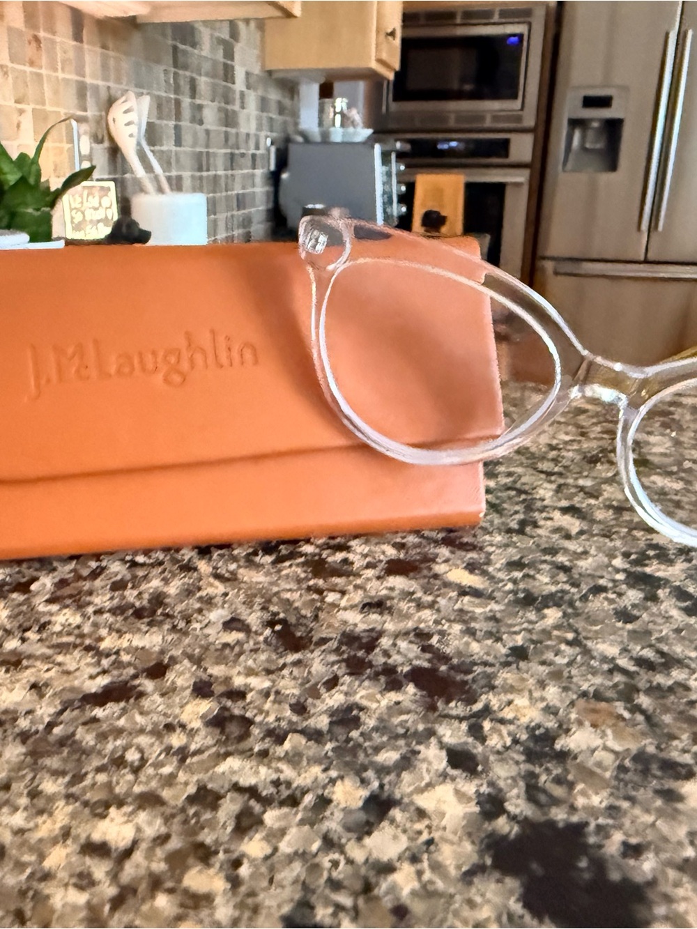 Clear Metal-Arm Reading Glasses with Tan Leather Case